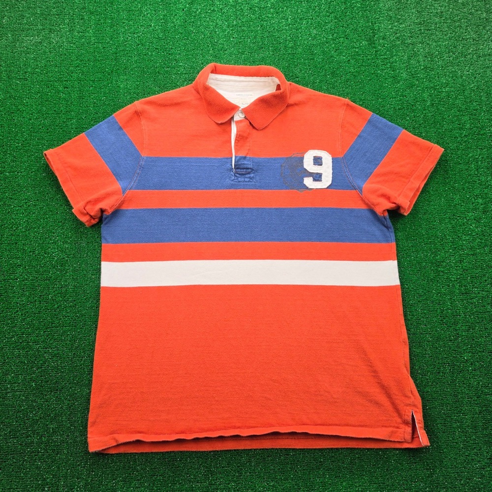 American Eagle Outfitters Heritage Rugby Polo Shirt Mens XL Orange Blue Stripe